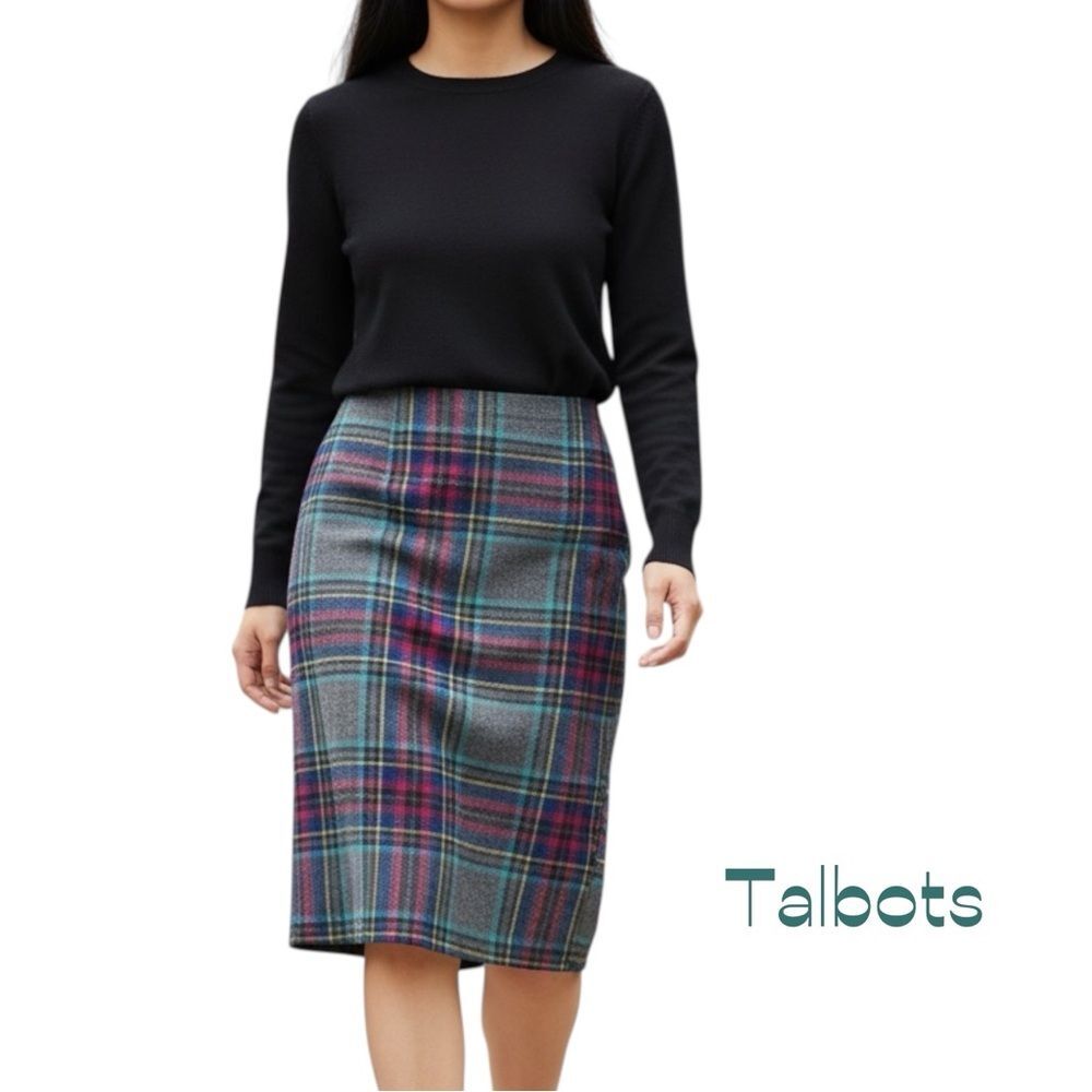 Talbots Gray Pink Teal Wool Blend Plaid Pencil Skirt Size 12 Academia Career Y2K
